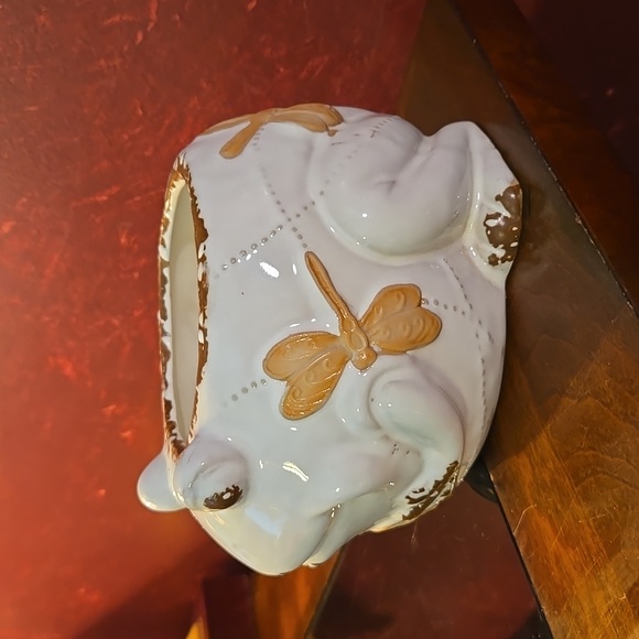 Ceramic Frog Dragonfly Design - White/Brown Planter - Picture 3 of 7